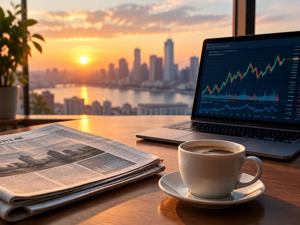 Krant, koffie en laptop met grafieken bij zonsopgang