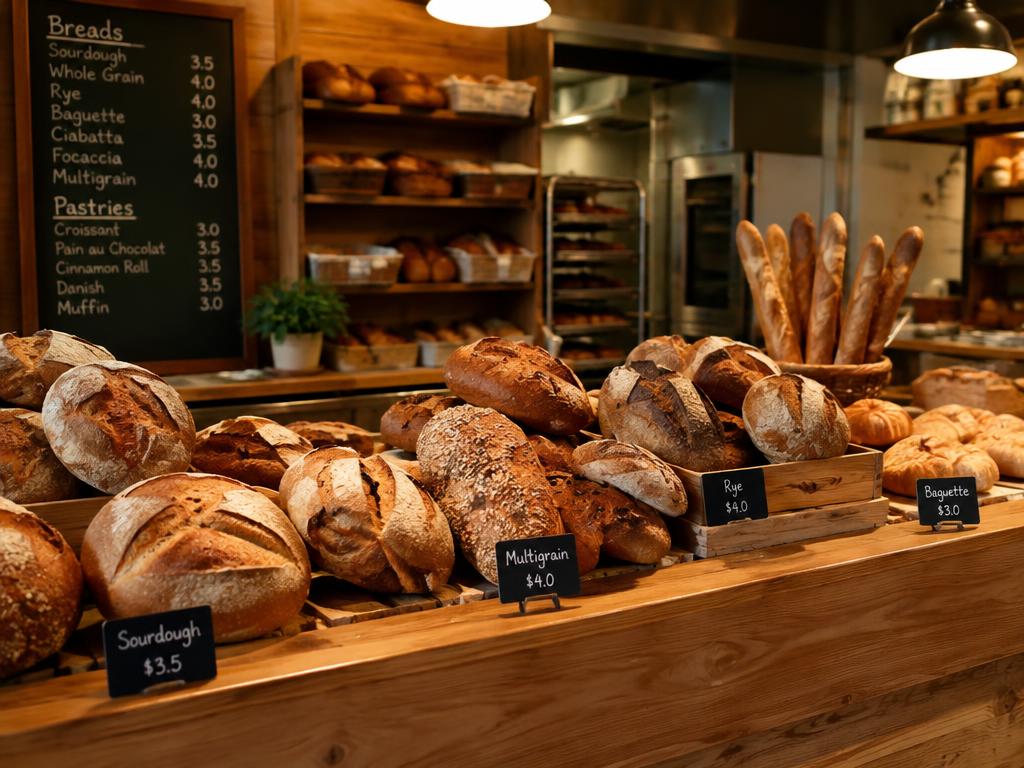 Toonbank van een ambachtelijke bakkerij met brood