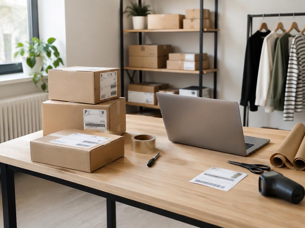 Paktafel van een webshop met dozen en laptop