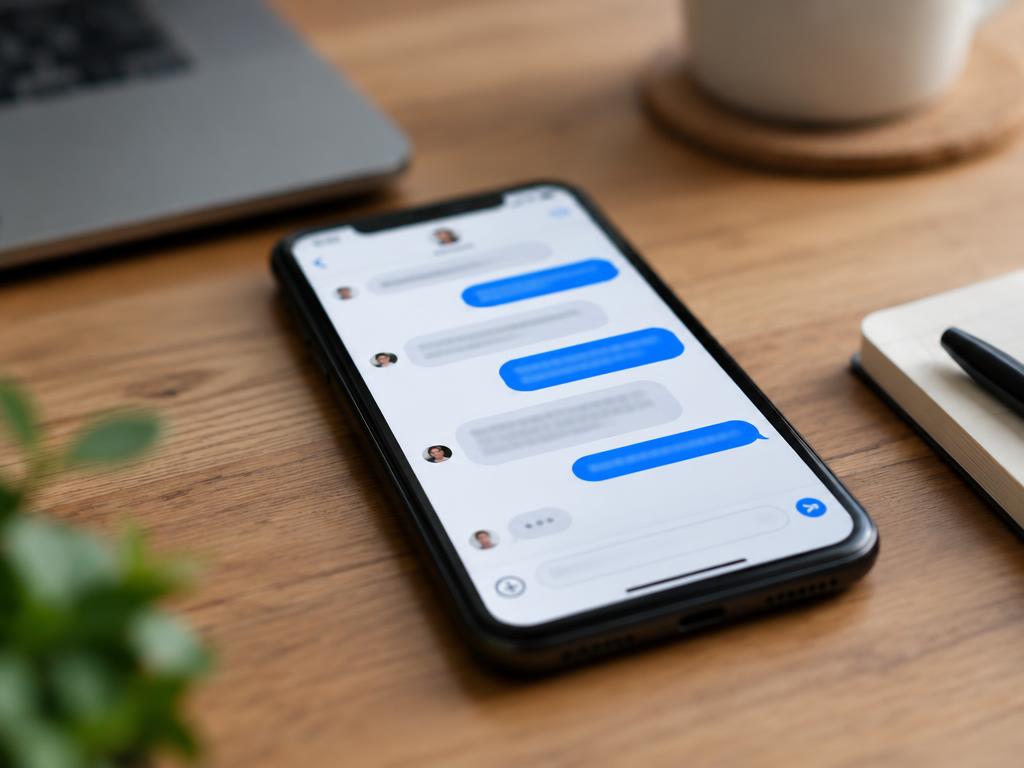 Smartphone met een chatgesprek op een bureau